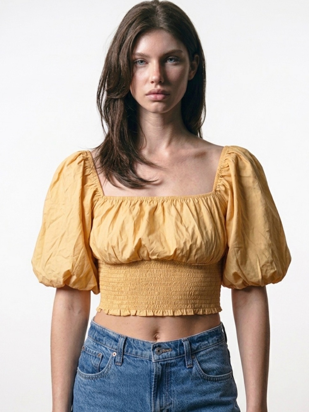 Petal & Pup Mustard Puff-Sleeve Smocked Crop Top